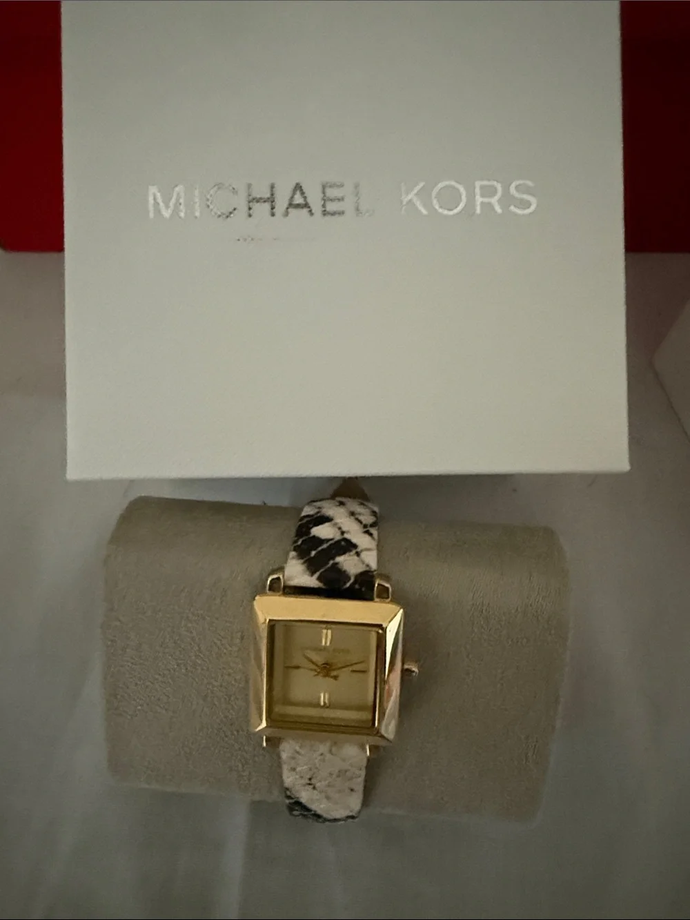 Michael Kors Gold-Tone Square Face Watch with Black & White Snake-Print Strap